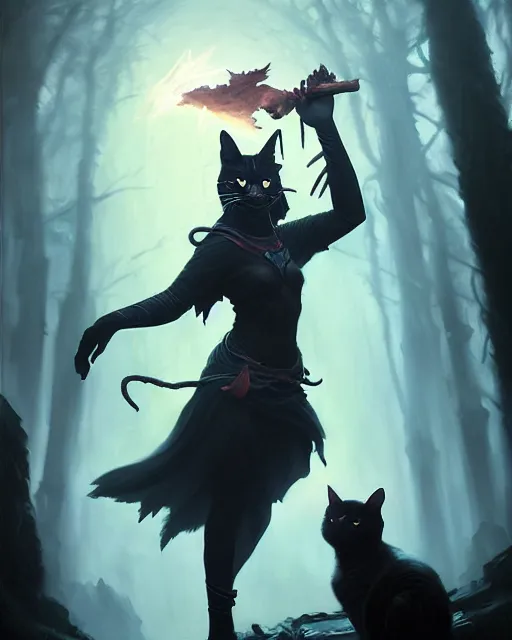 Image similar to oil painting of Cat Witch casting dark spell, sharp focus, heroic pose, fantasy style, octane render, volumetric lighting, 8k high definition, by greg rutkowski, highly detailed, trending on art Station, magic the gathering artwork, Woodland background, centered