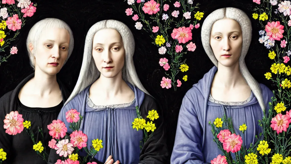 Prompt: photo-realistic portrait of two women with neon blue hair, wearing black hoodies, standing in a garden full of flowers, intricate details, in a renaissance style, black background