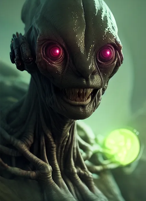 Image similar to portrait of a space alien, varying detailed skin, octane render, piercing glowing eyes, realistic render, detailed, ugly, slimy unreal engine, symmetrical!!, greg rutkowski and ruan jia, cinematic