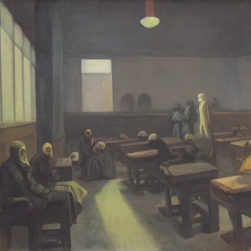 Image similar to apocalyptic scene,prayer,occult,refugees,mosque synagogue interior,gas masks,geometric art,patina,edward hopper