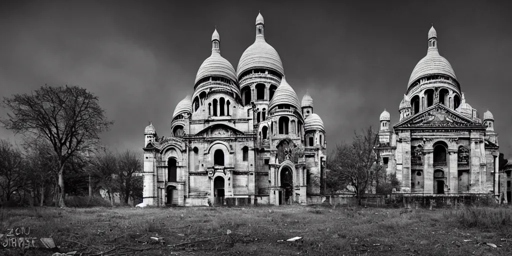 Prompt: the abandoned post-apocalyptic Basilica of Sacré Coeur de Montmartre, toxic orange and pink mist rises from the ground and contrast the white exterior, dark gray skies, stark contrasting lighting, a two-headed mutated deer-like creature looks on in the distance from the sparse twisted silhouetted foliage, a highly detailed matte painting by Zdzislaw Beksinski and Beeple, featured on Artstation