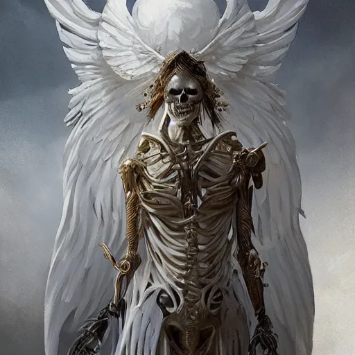 Image similar to white and gold skeleton with angel wings, dark, intricate, highly detailed, smooth, artstation, digital illustration by Ruan Jia and Mandy Jurgens and Artgerm and Wayne Barlowe and Greg Rutkowski and Frank Frazetta