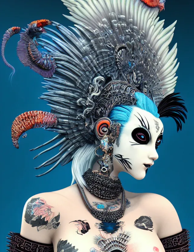 Image similar to 3 d goddess close - up profile portrait punk with mohawk with ram skull. beautiful intricately detailed japanese crow kitsune mask and clasical japanese kimono. betta fish, jellyfish phoenix, bio luminescent, plasma, ice, water, wind, creature, artwork by tooth wu and wlop and beeple and greg rutkowski