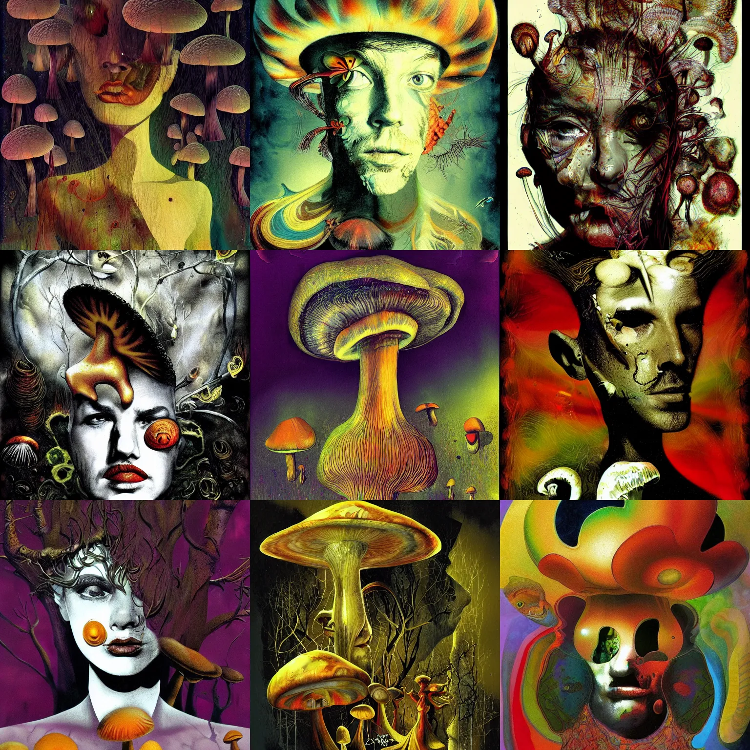 Prompt: portrait of psychedelic mushrooms dream, no fears, okay one fear, by dave mckean, highly detailed 8 k., artstation