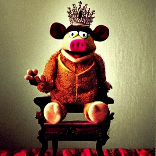 Prompt: isolated photo realistic of muppets pig king on throne portrait of the by Caravaggio, realistic, award winning, cinematic