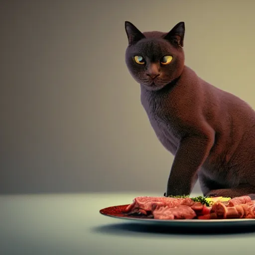 Prompt: cute burmese cat sniifing a plate of meat, sharp focus, octane render, volumetric lighting, 8k high definition, by greg rutkowski, highly detailed, trending on art Station