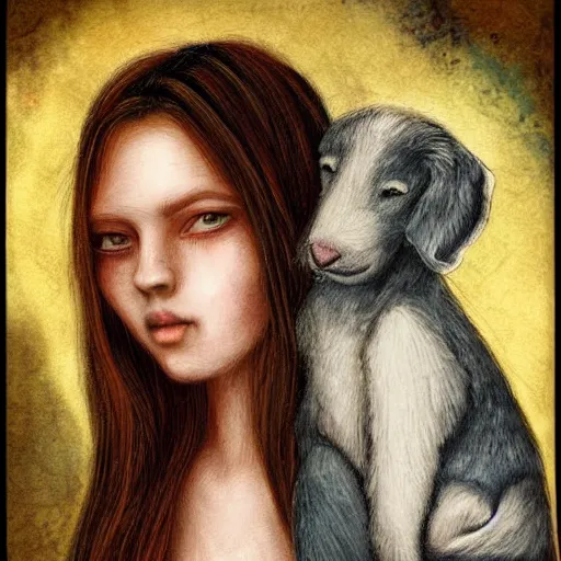 Image similar to beautiful detailed artistic portrait of a person with their spirit animal. grainy and rough. fine detail. soft colour scheme. artistic painting by lurid ( 2 0 2 2 ). featured on deviantart.