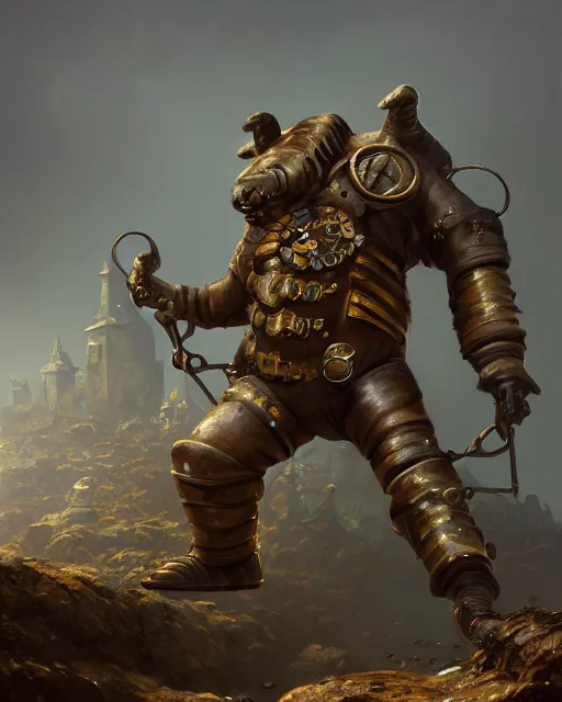 Image similar to oil painting of poor anthropomorphized mole mining gold, full body, sharp focus, fantasy style, dark steampunk mine shaft backround, octane render, volumetric lighting, 8k high definition, by greg rutkowski, highly detailed, trending on art Station