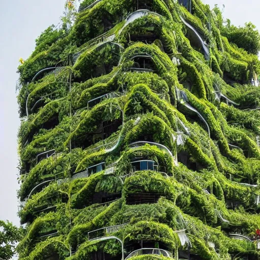 Prompt: ha noi apartment block by norman foster overgrown by vines