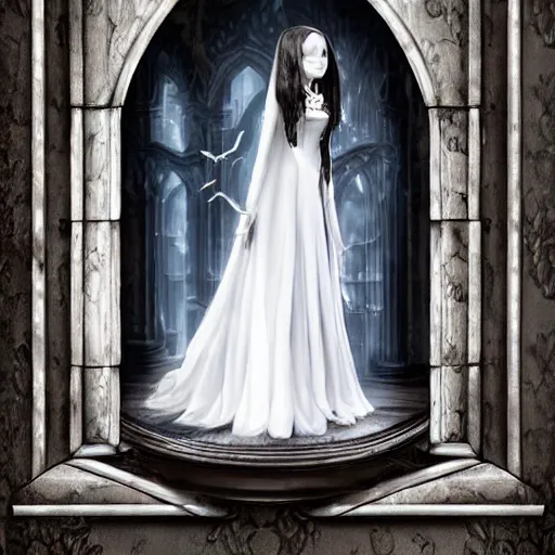 Prompt: elegant pale vampire girl stands by a window of a gothic mansion looking outside, by anne stokes, highly detailed, artstation, high resolution, gothic, gloomy