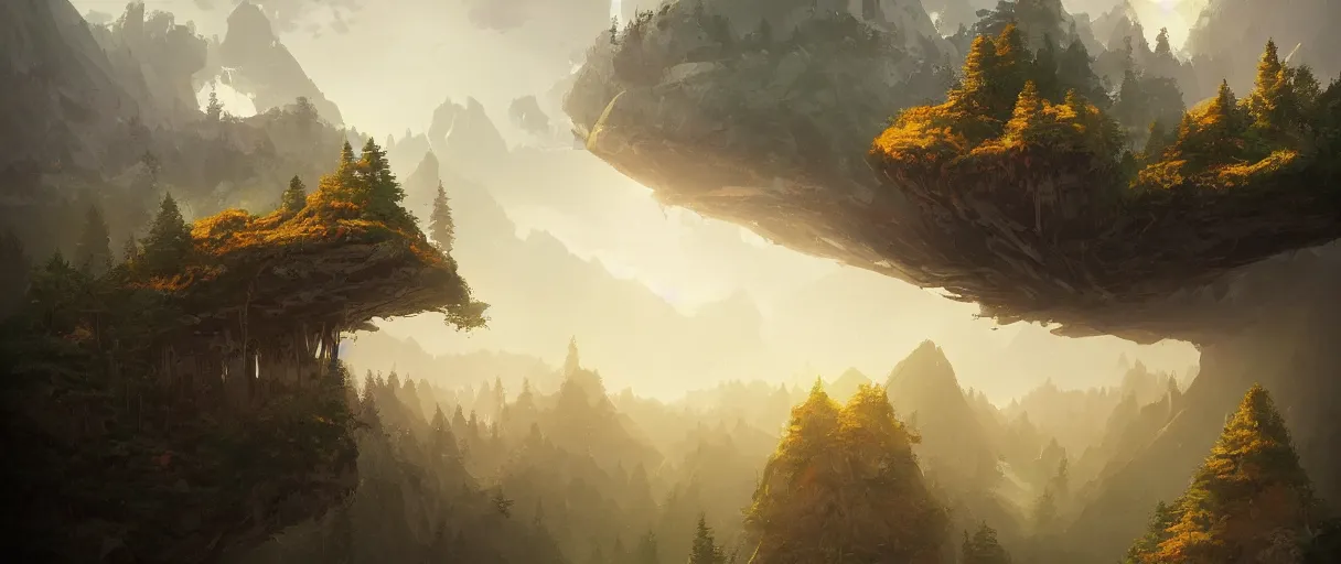 Image similar to floating islands over forest, mountains in background, concept art, low angle, cinematic, style of jordan grimmer