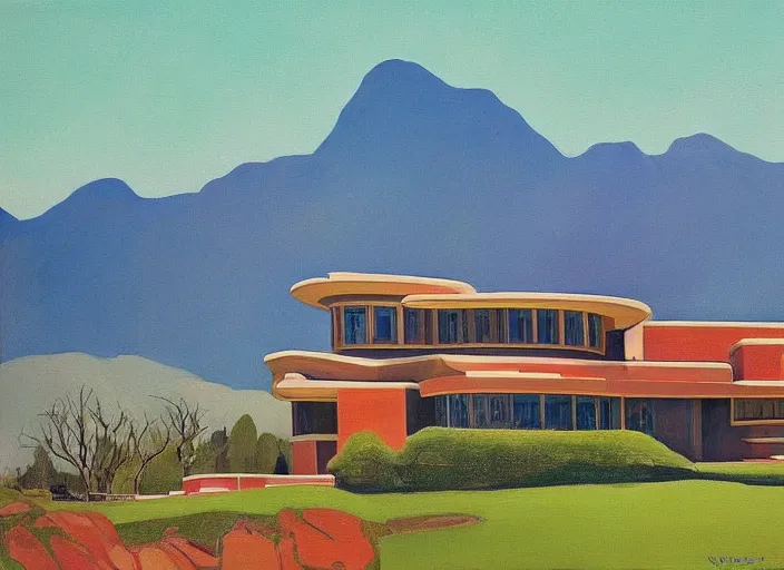 Prompt: painting of a frank lloyd wright house in front of beautiful mountains by wayne thiebaud