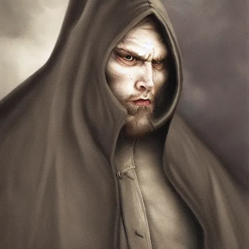 Image similar to portrait of a small pale cowardly man wearing dark hood, scared look, fantasy artwork, high fantasy