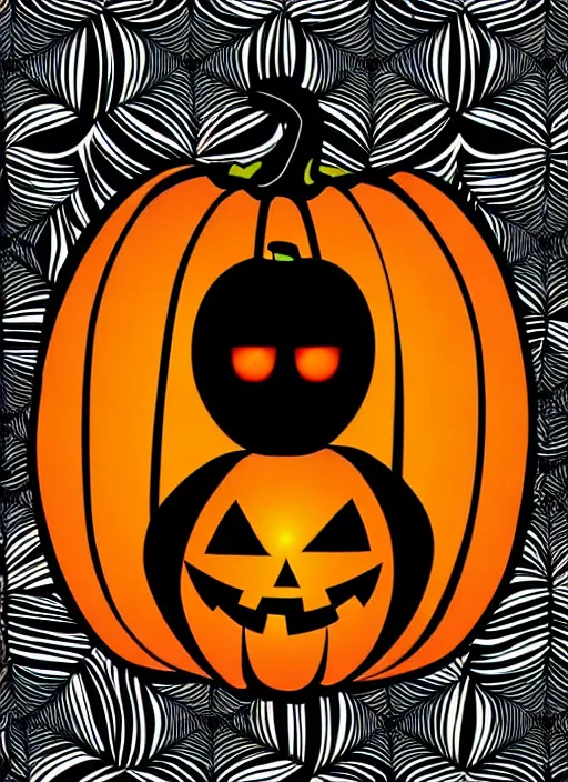 Prompt: creepy black spider with an evil looking pumpkin head, spooky halloween theme, illustration line art style