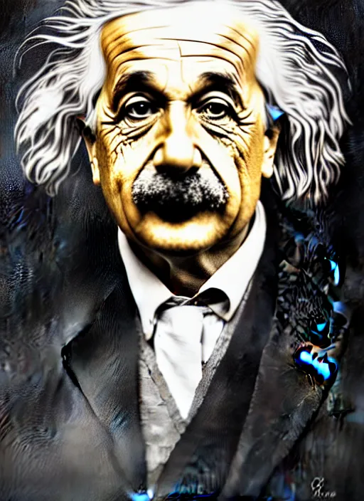 Prompt: oil portrait of albert einstein, intricate, elegant, highly detailed, lighting, painting, artstation, smooth, illustration, art by greg rutowski and alphonse mucha