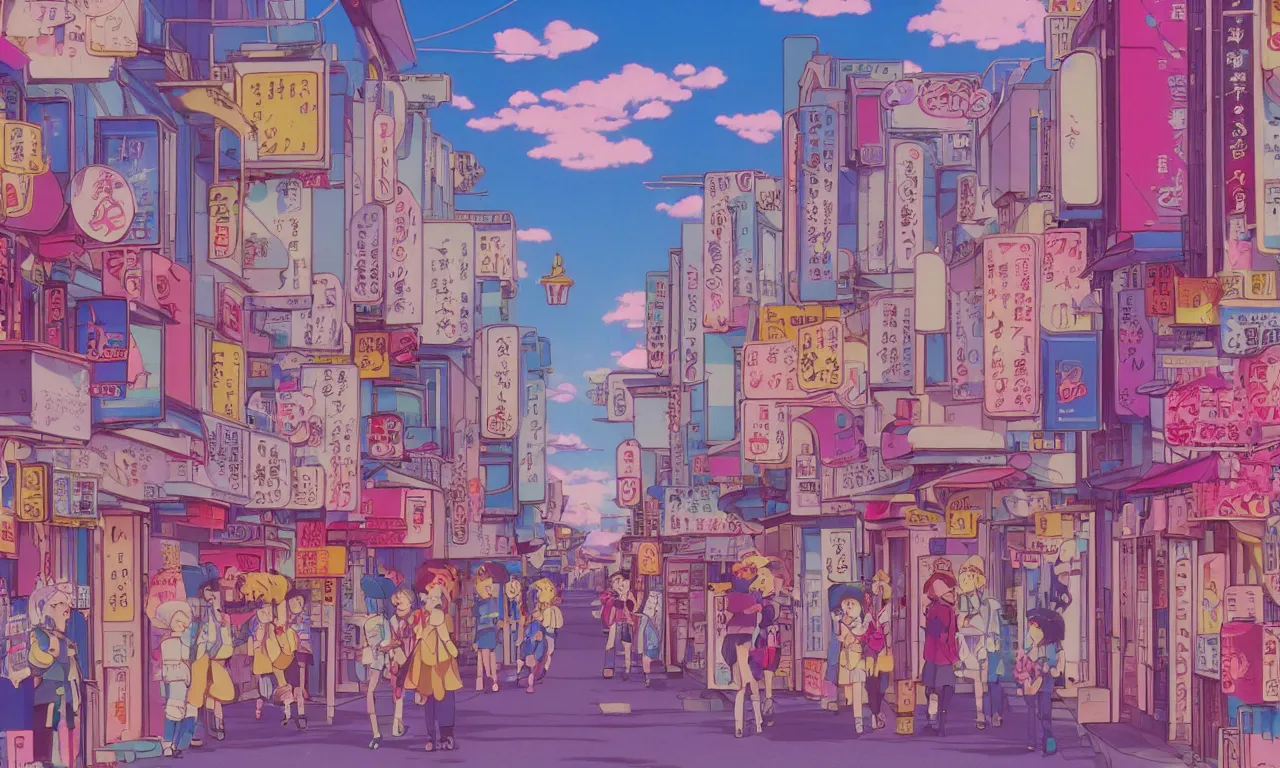 Image similar to A film still from a 1990s Sailor Moon cartoon featuring a cute street in Japan, lofi aesthetic, golden hour, cinematic look, film grain, high detail, high resolution, 8k