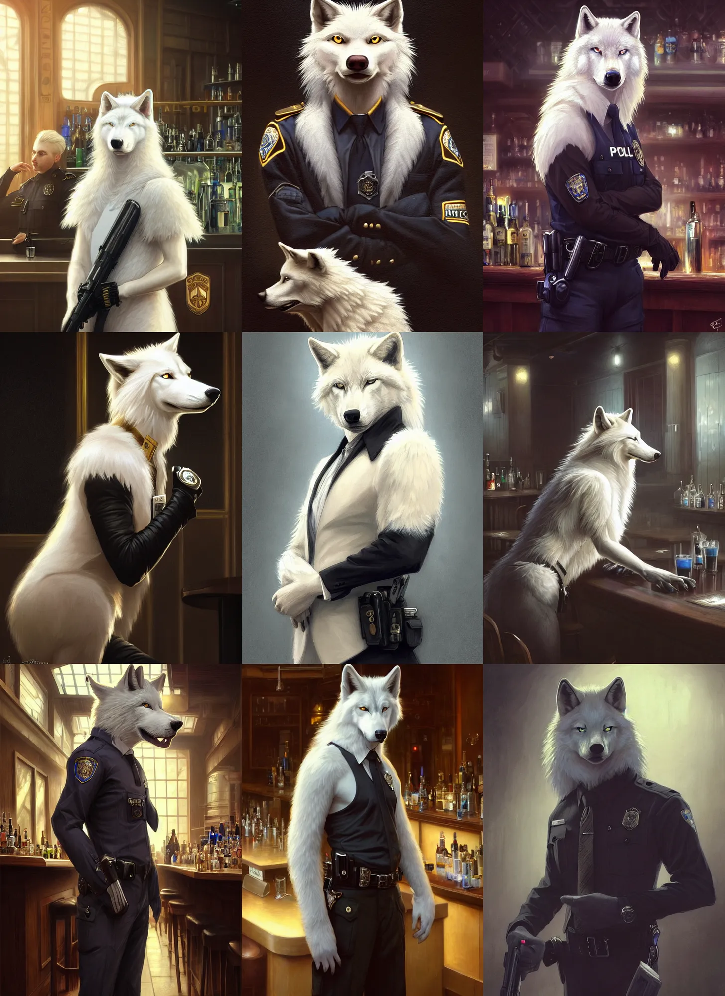 Prompt: photography of a male anthropomorphic albino wolf fursona wearing a modern police uniform at a bar, deep focus, intricate, elegant, highly detailed, digital painting, artstation, concept art, matte, sharp focus, illustration, art by artgerm and greg rutkowski and alphonse mucha