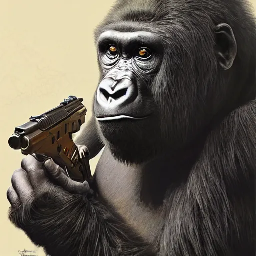 Image similar to detailed science - fiction character portrait of a gorilla with a gun, wild, highly detailed, digital painting, artstation, concept art, smooth, sharp focus, illustration, art by artgerm and greg rutkowski and alphonse mucha