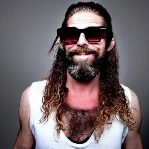 Prompt: photo of 3 9 - year - old french bearded long - haired yoga punk singer wearing wraparound sunglasses. he also works as a commercial model and actor. looks like brad pitt. performing standup comedy in the style of steve martin