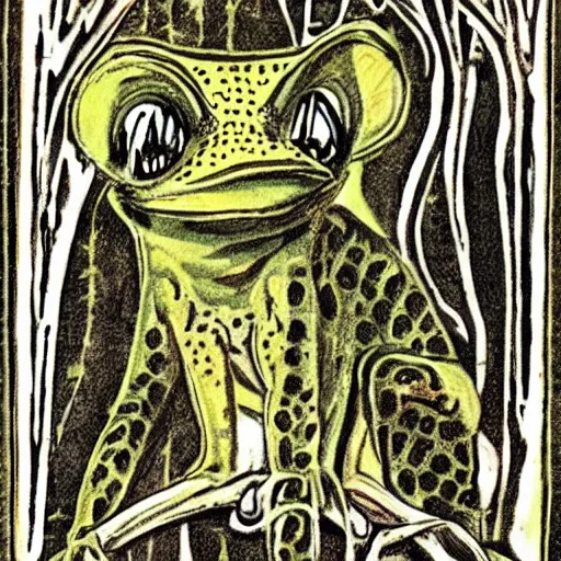 Prompt: frog, king of the jungle, ruler over all, gothic cathedral - g