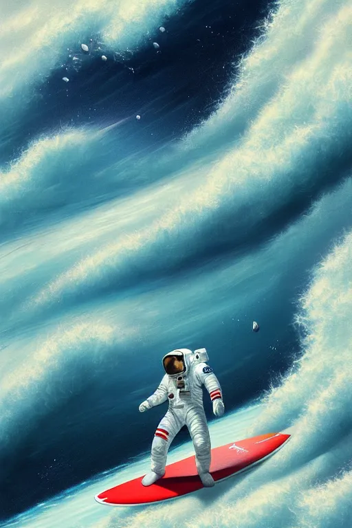 Image similar to a beautiful digital painting of an astronaut in a white space suit surfing the great wave on a surfboard by greg rutkowski, photorealistic, trending on artstation, highly detailed, intricate, unreal engine, octane render