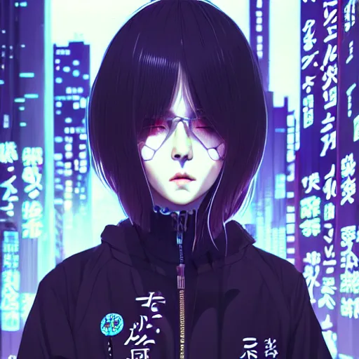 Image similar to by kyoto animation, cool girl wearing cyberpunk intricate streetwear, beautiful, detailed symmetrical close up portrait, intricate complexity, in the style of artgerm and ilya kuvshinov, cell shaded, 4 k, concept art, by wlop, krenz cushart, greg rutkowski, pixiv. cinematic dramatic atmosphere, cinematic lighting, studio quality