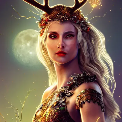 Image similar to highly detailed full body portrait of Artemis, goddess of the hunt and the moon, wearing a crown made of antlers, cinematic lightning, bright colors, intricate, masterpiece, photorealistic, hiperrealistic, sharp focus, high contrast, Artstation HQ, DeviantArt trending, 4k UHD, Unreal Engine 5