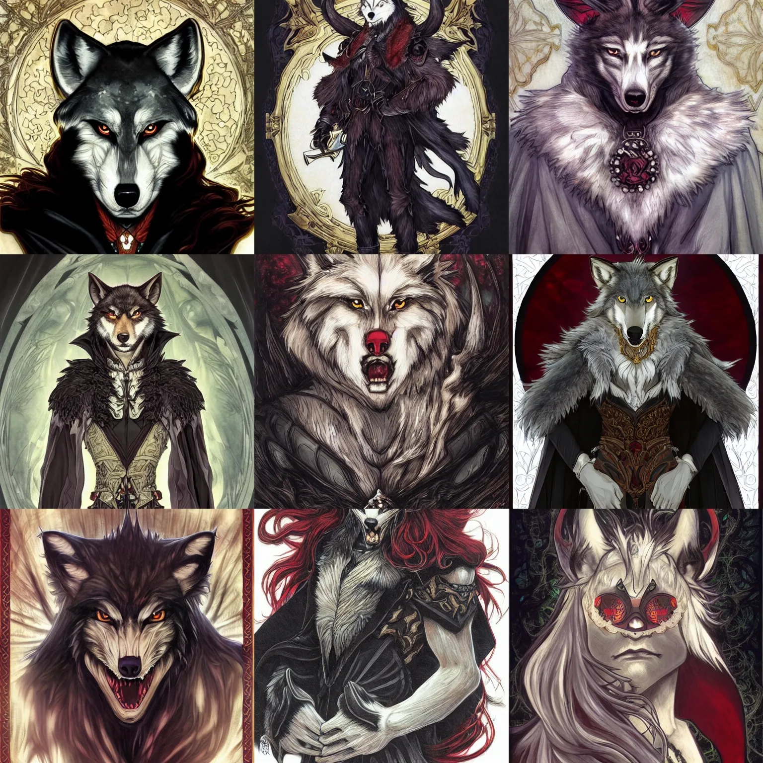 Prompt: a portrait of an anthropomorphic wolf, furry fursona, black cape, long fangs, by ayami kojima, castlevania symphony of the night, correct wolf muzzle, full body, large red eyes!!!, alphonse mucha, intricate