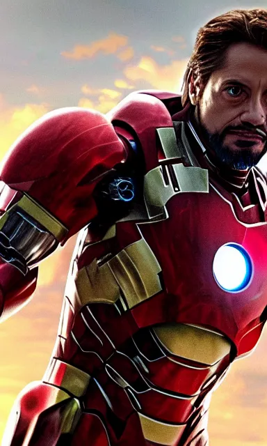 Image similar to full shot photograph of jesus christ being carried by iron man on doomsday, photorealistic, cinematic lighting, extremely detailed, marvel cinematic universe