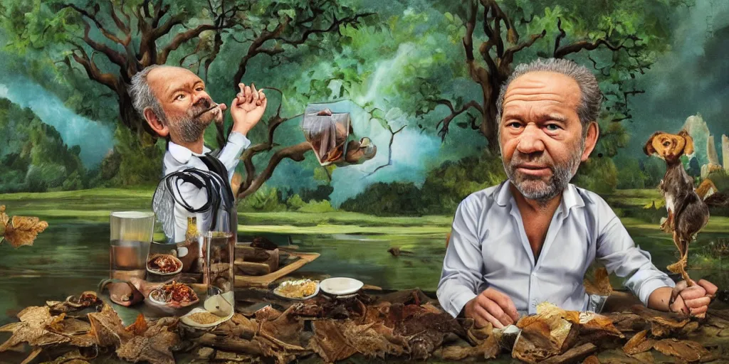 Prompt: alan sugar. going for a walk in the country. sitting on hands. eating leaves in the forest on the floor. eating burnt toast and drinking fresh clear water from a stream, painting in the style of dali. pastry pets on his shoulders