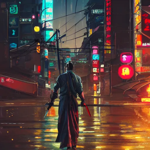 Prompt: close view matte painting of a japan samurai, holding katana in right hand, cyberpunk city and huge mechanical bridges on the background, rainy night, neon glow concept art, smooth, sharp focus, illustration, cyberpunk 2077, neuromancer, scifi, photorealistic, octane render, 8k, by Peter Andrew Jones and Greg Rutkowski