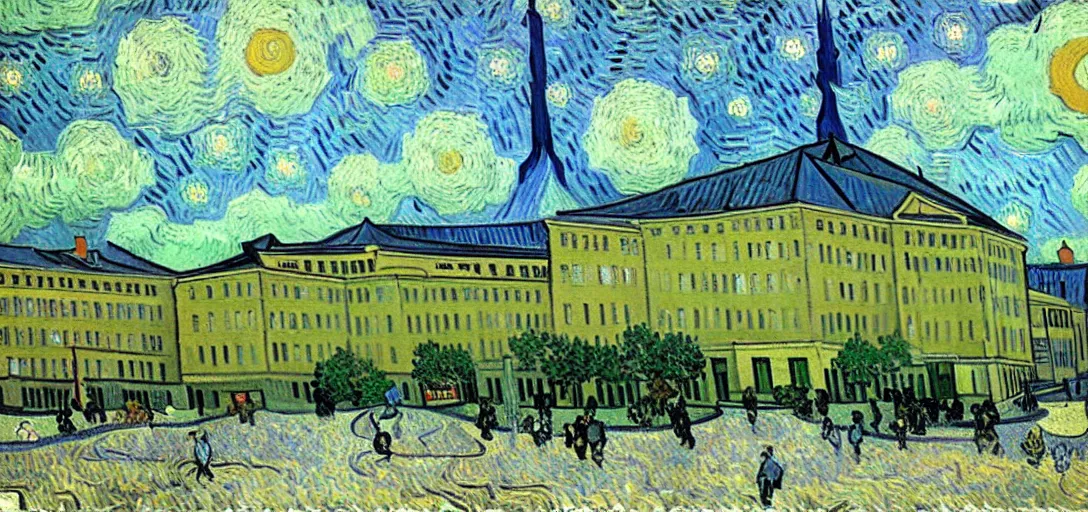 Prompt: mass general hospital building, painting by van gogh