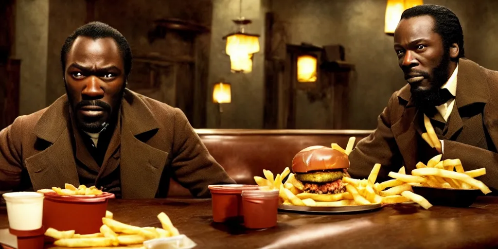 Prompt: Django unchained in Macdonald's eat cheeseburger and French fries