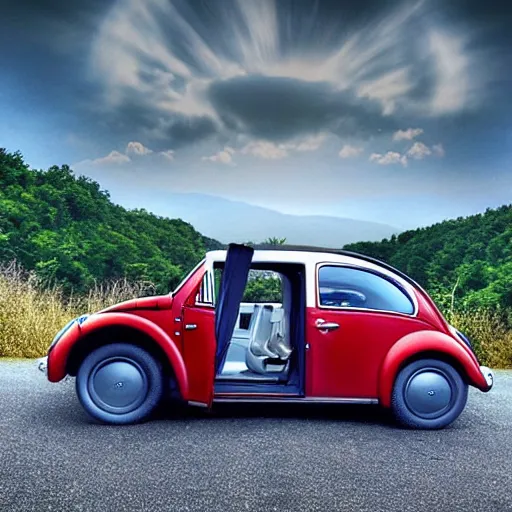 Image similar to promotional scifi - mystery movie scene of a giant - sized ladybug that is a hybrid with a ( volkswagen beatle ) hybrid, flying down a dusty back - road in smokey mountains tennessee. cinematic, muted dramtic color, 4 k, imax, 7 0 mm, hdr