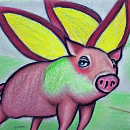 Image similar to chalk pastel drawing of of a flying pig with wings