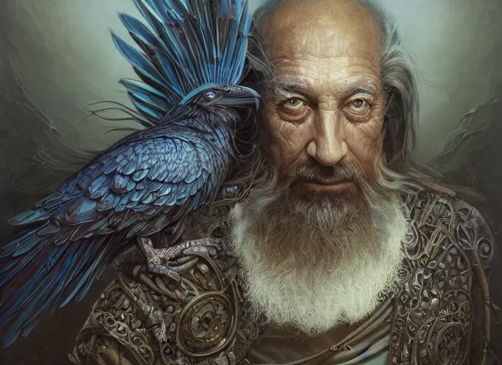 Image similar to an old hippie with raven wings, metal shiny feather skin. intricate, elegant, highly detailed, centered, digital painting, artstation, concept art, smooth, sharp focus, illustration, artgerm, tomasz alen kopera, peter mohrbacher, donato giancola, joseph christian leyendecker, wlop, frank frazetta