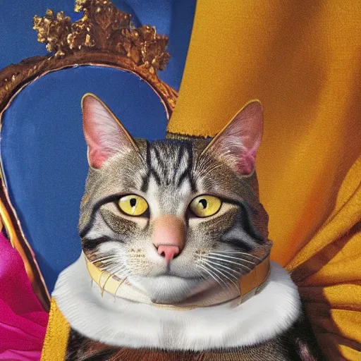 Prompt: A renaissance portrait painting of a cat king with his crown and in his royal robe. Unreal Engine 5. DAZ. Octane render. Symmetrical. Attention to detail. Vibrant bright colours. High saturation. Extremely moody lighting. Atmospheric. Cinematic. Intricate. 8K. Stunning. Breathtaking. Awe-inspiring. Award-winning. Concept art. Trending. ArtStation