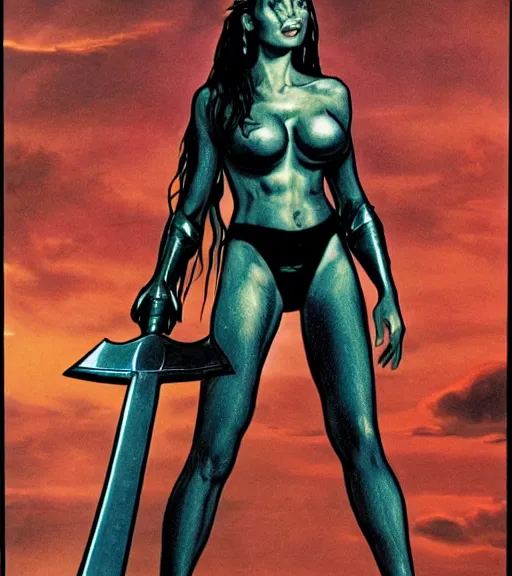Image similar to 1 9 8 0 s fantasy novel book cover, amazonian angelina jolie in extremely tight bikini armor wielding a cartoonishly large sword, exaggerated body features, dark and smoky background, low quality print