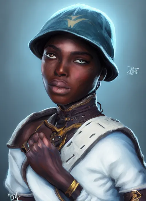 Image similar to An epic fantasy comic book style portrait painting of a young dark skinned girl with short hair dressed as a boy in a cap in the style of the wheel of time, unreal 5, DAZ, hyperrealistic, octane render, cosplay, RPG portrait, dynamic lighting