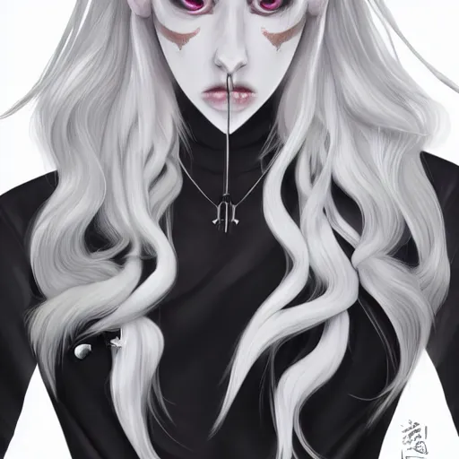 Prompt: a portrait of a white haired parted through the middle man, black sclera eyes, wearing white kimono with black shirt underneath, D&D, sci-fi, elegant, hopeful, muscular, highly detailed, digital painting, artstation, concept art, smooth, sharp focus, illustration