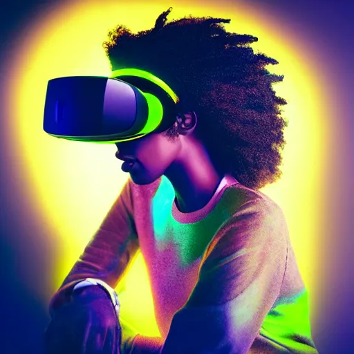 Image similar to dark skinned woman wearing futuristic vr headset neon lights ambient light unity game ultra - realistic