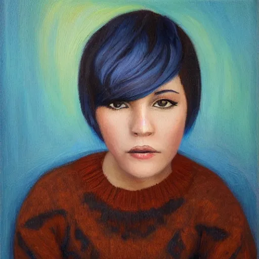 Image similar to beautiful woman with short blue hair, big brown eyes, wearing a brown sweater, oil painting