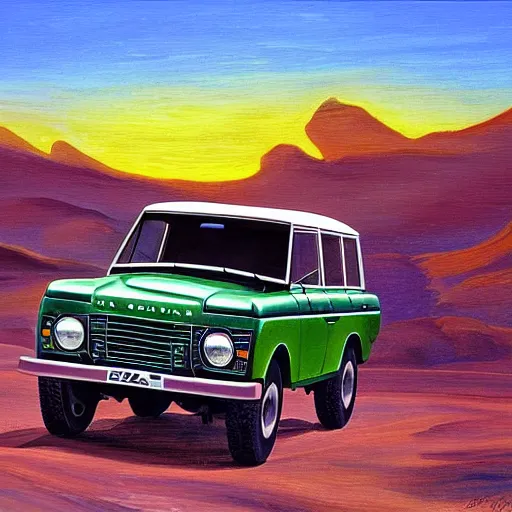 Prompt: a painting of a green range rover in the desert with mountains in the background during sunset, by Salvador Dalí