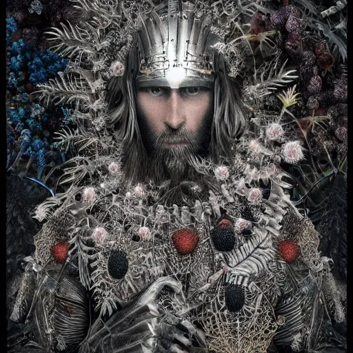 Image similar to a male knight with beard, stern face, clear eyes, shining armour made of steel, and fractal hair, fighting the darkness in a fractal garden, glowing delicate flower, berries and ferns that grow in a dark flowering fantasy forest, full frame,
