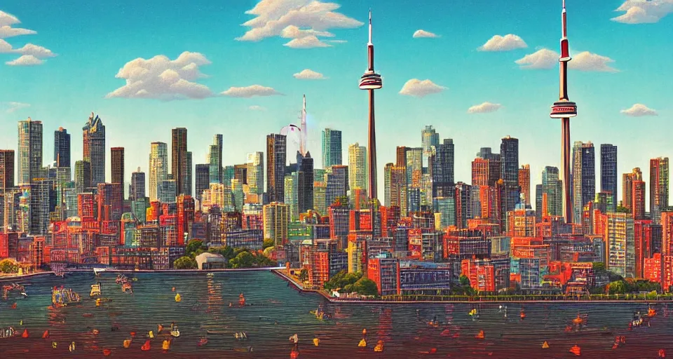 Prompt: a beautiful scenic painting of skyline of toronto canada by wlop and wes anderson and spike jonze and steven spielberg