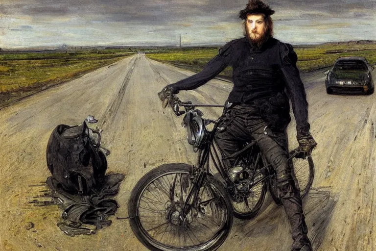 Image similar to sad portrait of a biker on the freeway by sir john everett millais, photorealistic, hyperdetailed, ethereal, masterpiece, oil painting