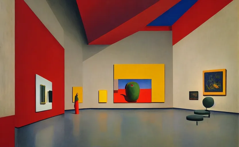 Prompt: an achingly beautiful print of the interior of a modern art museum with vibrant contemporary sculptures display, by Raphael, Hopper, and Rene Magritte. detailed, romantic, enchanting, trending on artstation.