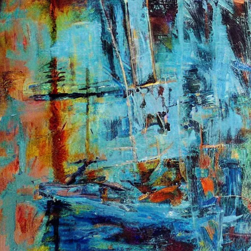 Prompt: a painting of a sailboat floating on a body of water, an abstract painting by ted degrazia, reddit contest winner, lyrical abstraction, mixed media, acrylic art, ( gold leaf ), oil on canvas