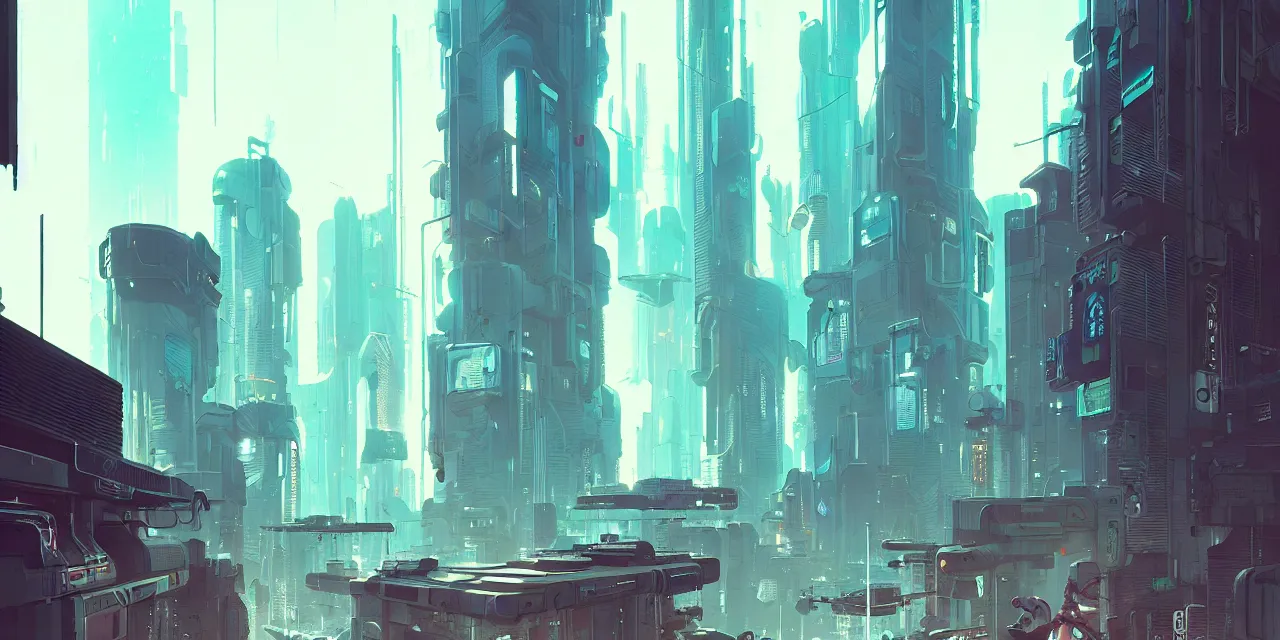 Image similar to cyberpunk synth, hyper - realistic detailed cyberpunk cityscape, by atey ghailan, by greg rutkowski, by greg tocchini, by james gilleard, by joe fenton, by kaethe butcher, dynamic lighting, gradient light blue, brown, blonde cream and white color scheme, grunge aesthetic