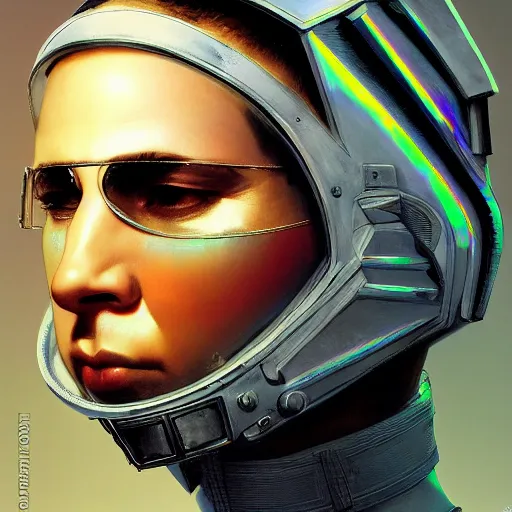 Prompt: baroque neoclassicist close - up portrait of a neofuturistic cyberpunk fighter pilot wearing a visor iridescent textures. highly detailed science fiction painting by norman rockwell, frank frazetta, and syd mead. rich colors, high contrast, gloomy atmosphere. trending on artstation and behance.